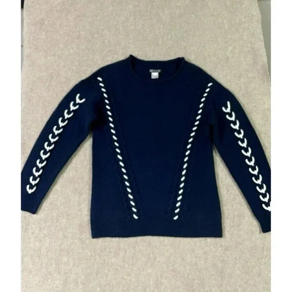 Venus Dark Navy Blue Sweater White Rope Detail Nautical Med. Knit, Comfy, Preppy - Picture 3 of 13